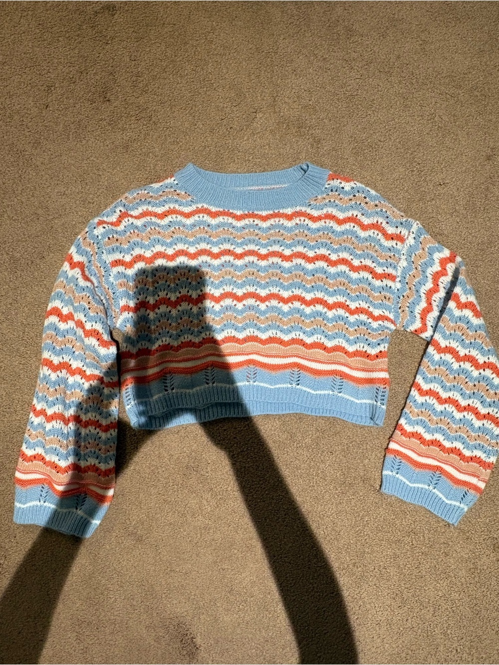 SHEIN Light Blue, Coral & White Wave Knit Cropped Sweater size xs